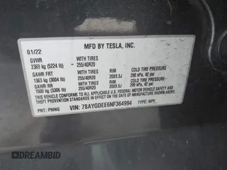 2022 Tesla Model Y Long Range z VIN 7SAYGDEE6NF364994, wystawiony jako IAAI lot #42322587 z przebiegiem 41 572 mil mil oraz . Historia ofert i sprzedaży dostępna na DreamBid. Obrazek 9.