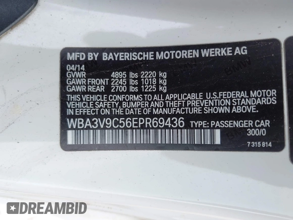 2014 BMW 4 Series 428i xDrive with VIN WBA3V9C56EPR69436, listed as a IAAI auction lot 41951778 with 169,085 mi miles and . Bid and sale history available at carsss.com. Image 9.