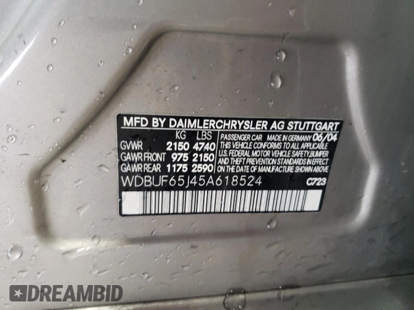 2005 Mercedes-Benz E 320 with VIN WDBUF65J45A618524, listed as a Copart auction lot 52230455 with 74,980 mi miles and Salvage Title. Bid and sale history available at DreamBid. Image 13.