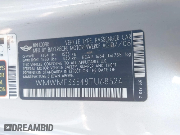 2008 MINI Hardtop with VIN WMWMF33548TU68524, listed as a IAAI auction lot 41515753 with 92,342 mi miles and . Bid and sale history available at DreamBid. Image 9.