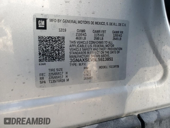 2020 Chevrolet Equinox LS z VIN 3GNAXSEV5LS613851, wystawiony jako Copart lot #49829095 z przebiegiem Nie podano mil oraz Szkoda całkowita • Salvage title. Historia ofert i sprzedaży dostępna na DreamBid. Obrazek 13.