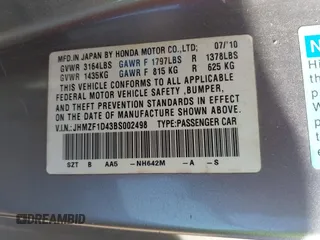 2011 Honda CR-Z with VIN JHMZF1D43BS002498, listed as a IAAI auction lot 41982421 with 213,087 mi miles. Bid and sale history available at carsss.com. Image 9.