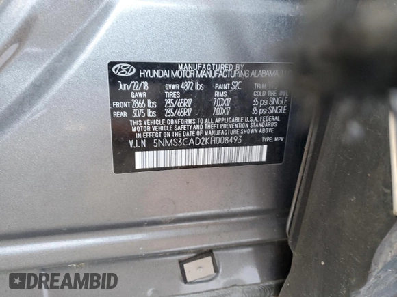 2019 Hyundai Santa Fe SEL with VIN 5NMS3CAD2KH008493, listed as a Copart auction lot 35865073 with 0 mi miles. Bid and sale history available at carsss.com. Image 14.