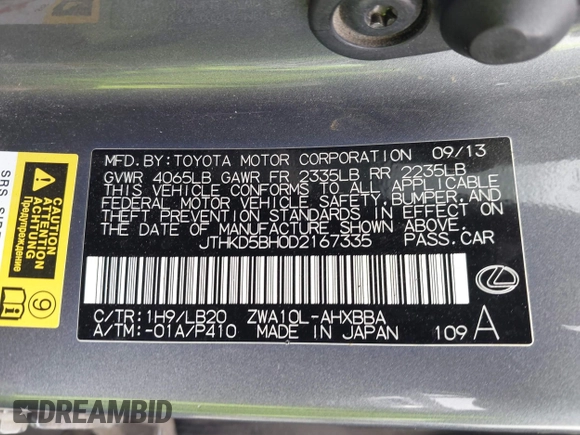 2013 Lexus CT 200h z VIN JTHKD5BH0D2167335, wystawiony jako IAAI lot #42374427 z przebiegiem 257 071 mil mil oraz . Historia ofert i sprzedaży dostępna na DreamBid. Obrazek 9.