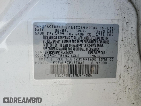 2022 Nissan Kicks S with VIN 3N1CP5BV1NL494526, listed as a Copart auction lot 48552895 with 57,648 mi miles and Non Repairable. Bid and sale history available at carsss.com. Image 14.
