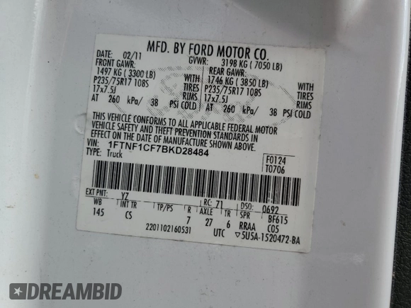 2011 Ford F-150 XL with VIN 1FTNF1CF7BKD28484, listed as a Copart auction lot 44158765 with Not Provided miles and Salvage Title. Bid and sale history available at DreamBid. Image 12.