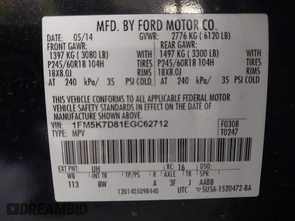 2014 Ford Explorer XLT with VIN 1FM5K7D81EGC62712, listed as a IAAI auction lot 42150813 with 182,696 mi miles and . Bid and sale history available at DreamBid. Image 9.