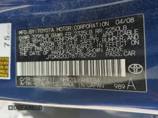 2008 Toyota Prius с VIN JTDKB20U787782950, выставлен на аукционе Copart как лот 60974195 с пробегом Не указан миль и Чистый • Clean title. История ставок и продаж доступна на DreamBid. Изображение 12.