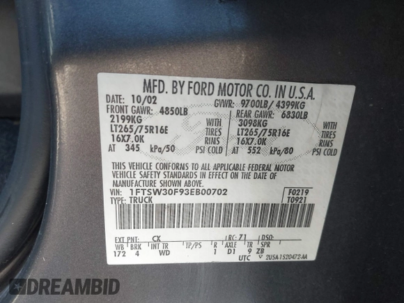 2003 Ford F-350 XL with VIN 1FTSW30F93EB00702, listed as a IAAI auction lot 41816025 with 166,018 mi miles and . Bid and sale history available at DreamBid. Image 8.