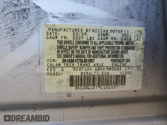 2009 Nissan Sentra S FE+ with VIN 3N1AB61E79L651057, listed as a Copart auction lot 56530095 with 131,491 mi miles and Salvage title. Bid and sale history available at DreamBid. Image 12.