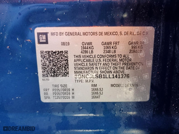 2020 Chevrolet Trax LT with VIN 3GNCJLSB1LL141376, listed as a Copart auction lot 50736265 with 46,283 mi miles and Clean Title. Bid and sale history available at carsss.com. Image 13.