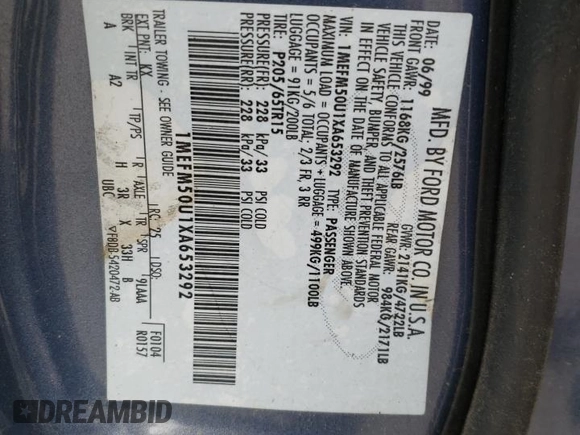 1999 Mercury Sable GS with VIN 1MEFM50U1XA653292, listed as a Copart auction lot 51307905 with 210,945 mi miles and Salvage title. Bid and sale history available at DreamBid. Image 12.