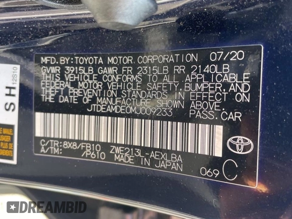 2021 Toyota Corolla Hybrid LE with VIN JTDEAMDE0MJ009233, listed as a Copart auction lot 47366915 with 212,244 mi miles and Clean Title. Bid and sale history available at carsss.com. Image 10.