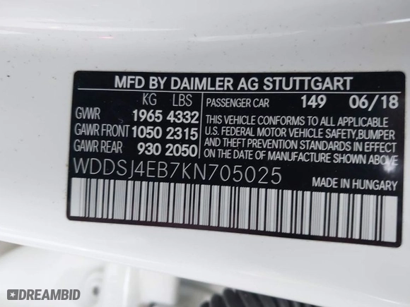 2019 Mercedes-Benz CLA with VIN WDDSJ4EB7KN705025, listed as a IAAI auction lot 40894750 with 76,000 mi miles. Bid and sale history available at carsss.com. Image 9.