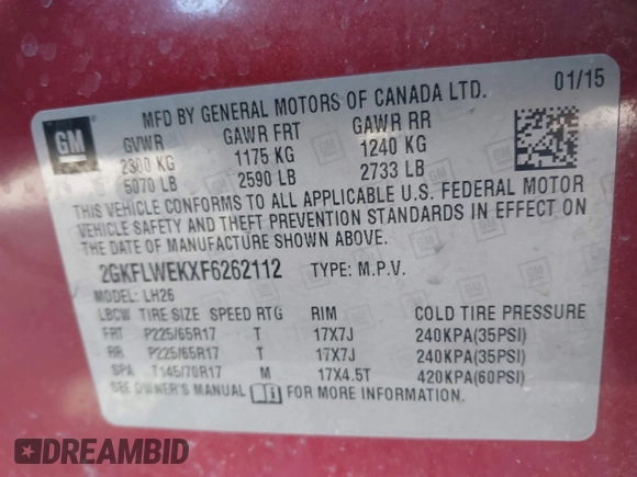 2015 GMC Terrain SLE with VIN 2GKFLWEKXF6262112, listed as a IAAI auction lot 41673930 with 91,728 mi miles and . Bid and sale history available at carsss.com. Image 9.