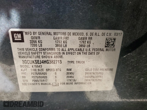 2017 Chevrolet Silverado 1500 LTZ with VIN 3GCUKSEJ4HG382713, listed as a Copart auction lot 76395764 with 134,794 mi miles and Salvage Title. Bid and sale history available at DreamBid. Image 14.