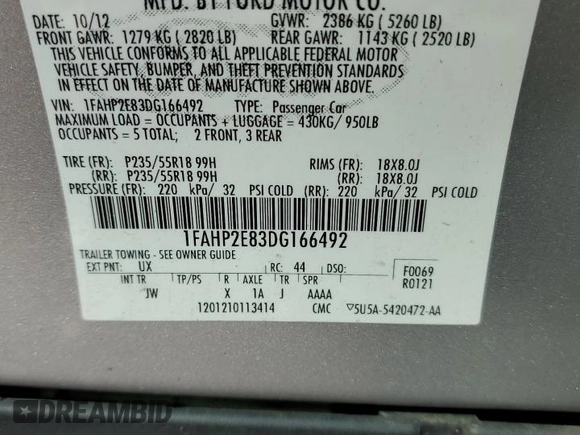 2013 Ford Taurus SEL with VIN 1FAHP2E83DG166492, listed as a Copart auction lot 52167785 with 109,364 mi miles and Salvage Title. Bid and sale history available at carsss.com. Image 12.