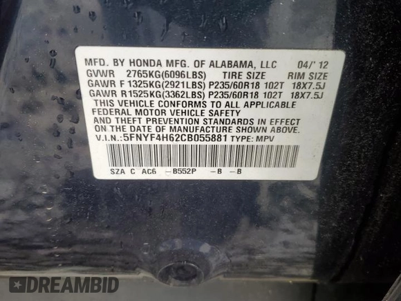 2012 Honda Pilot EX-L с VIN 5FNYF4H62CB055881, выставлен на аукционе Copart как лот 58250895 с пробегом 190 387 миль миль и Списание • Salvage title. История ставок и продаж доступна на DreamBid. Изображение 13.