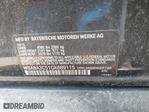 2016 BMW 3 Series 320i xDrive z VIN WBA8A3C51GK689115, wystawiony jako IAAI lot #41933558 z przebiegiem 69 625 mil mil oraz . Historia ofert i sprzedaży dostępna na DreamBid. Obrazek 9.