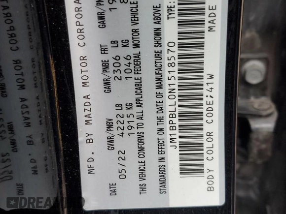 2022 Mazda Mazda3 Hatchback Preferred with VIN JM1BPBLL0N1518570, listed as a Copart auction lot 76894844 with 51,785 mi miles and Salvage Title. Bid and sale history available at carsss.com. Image 13.