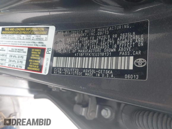 2014 Toyota Camry L with VIN 4T1BF1FK1EU318131, listed as a IAAI auction lot 41912089 with 1 mi miles. Bid and sale history available at carsss.com. Image 9.
