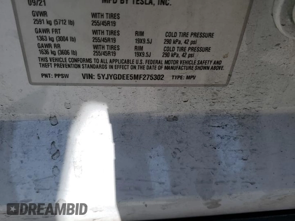 2021 Tesla Model Y Long Range z VIN 5YJYGDEE5MF275302, wystawiony jako Copart lot #54353875 z przebiegiem 63 196 mil mil oraz Szkoda całkowita • Salvage title. Historia ofert i sprzedaży dostępna na DreamBid. Obrazek 12.