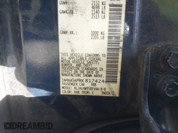 2013 Nissan Maxima S z VIN 1N4AA5AP9DC817424, wystawiony jako IAAI lot #42482208 z przebiegiem 196 227 mil mil oraz . Historia ofert i sprzedaży dostępna na DreamBid. Obrazek 9.