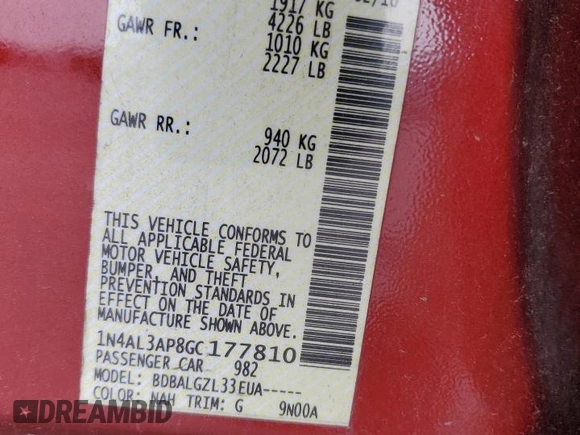 2016 Nissan Altima SL with VIN 1N4AL3AP8GC177810, listed as a Copart auction lot 57965525 with Not provided miles and Salvage title. Bid and sale history available at DreamBid. Image 12.