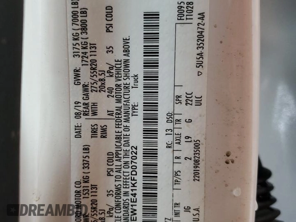 2019 Ford F-150 XL z VIN 1FTEW1E41KFD07022, wystawiony jako Copart lot #57150825 z przebiegiem 81 828 mil mil oraz Szkoda całkowita • Salvage title. Historia ofert i sprzedaży dostępna na DreamBid. Obrazek 12.