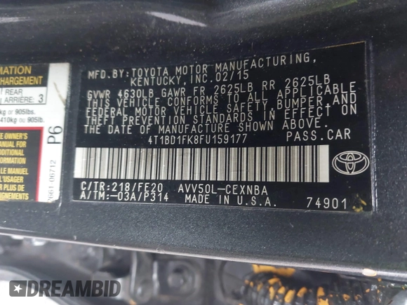 2015 Toyota Camry LE with VIN 4T1BD1FK8FU159177, listed as a IAAI auction lot 42149932 with 387,046 mi miles and . Bid and sale history available at DreamBid. Image 9.