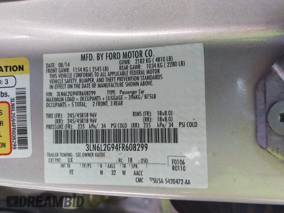 2015 Lincoln MKZ with VIN 3LN6L2G94FR608299, listed as a IAAI auction lot 42103338 with 96,955 mi miles and . Bid and sale history available at DreamBid. Image 9.