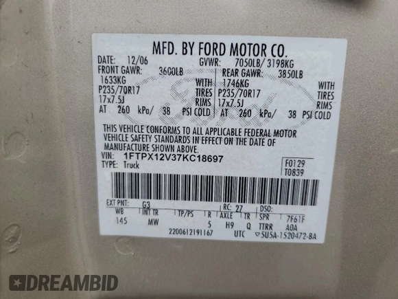 2007 Ford F-150 XL with VIN 1FTPX12V37KC18697, listed as a Copart auction lot 59125105 with 158,579 mi miles and Clean title. Bid and sale history available at DreamBid. Image 12.