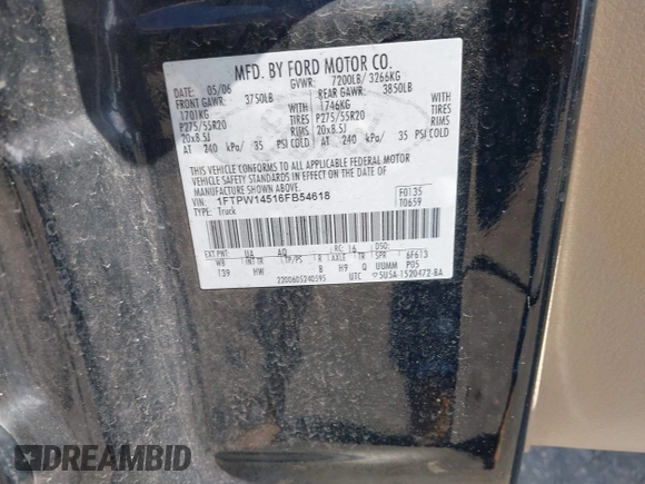 2006 Ford F-150 XLT with VIN 1FTPW14516FB54618, listed as a IAAI auction lot 41990568 with 297,030 mi miles and . Bid and sale history available at DreamBid. Image 9.