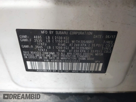 2017 Subaru Outback Premium with VIN 4S4BSACC5H3428537, listed as a IAAI auction lot 42270988 with Not provided miles and . Bid and sale history available at DreamBid. Image 9.