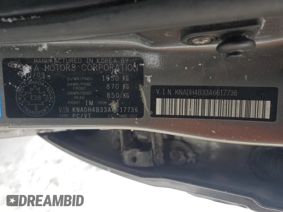 2010 Kia Rio with VIN KNADH4B33A6617736, listed as a Copart auction lot 45469215 with 233,539 mi miles and Clean Title. Bid and sale history available at DreamBid. Image 12.