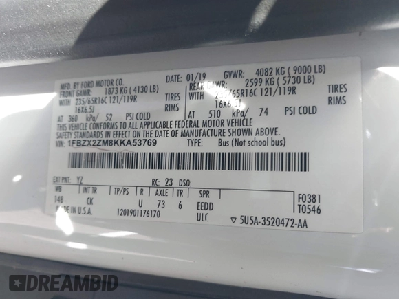 2019 Ford Transit Passenger XL with VIN 1FBZX2ZM8KKA53769, listed as a IAAI auction lot 42005385 with 62,118 mi miles and . Bid and sale history available at DreamBid. Image 9.