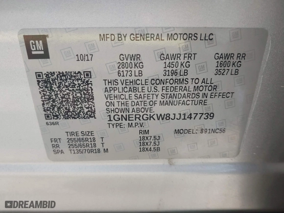 2018 Chevrolet Traverse LT Cloth with VIN 1GNERGKW8JJ147739, listed as a IAAI auction lot 42005332 with 104,373 mi miles. Bid and sale history available at carsss.com. Image 9.