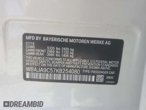 2019 BMW 5 Series 530e with VIN WBAJA9C57KB254080, listed as a Copart auction lot 63315805 with 15,492 mi miles and Clean title. Bid and sale history available at DreamBid. Image 12.