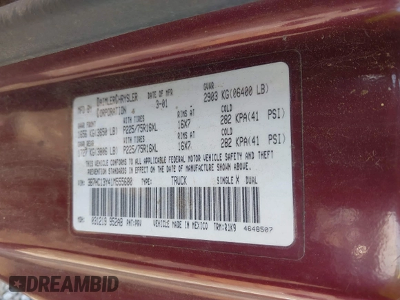 2001 Dodge 1500 with VIN 3B7HC13Y41M555680, listed as a IAAI auction lot 41890064 with 190,065 mi miles. Bid and sale history available at carsss.com. Image 9.
