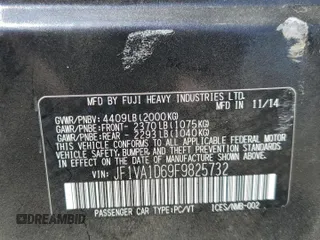 2015 Subaru WRX Premium with VIN JF1VA1D69F9825732, listed as a Copart auction lot 61079295 with 117,837 mi miles and Salvage title. Bid and sale history available at DreamBid. Image 12.