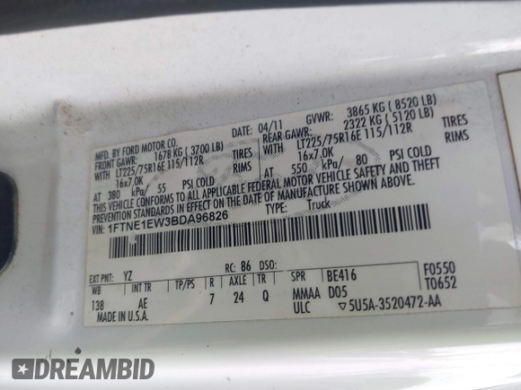 2011 Ford Econoline Cargo Commercial with VIN 1FTNE1EW3BDA96826, listed as a IAAI auction lot 41314002 with 408,264 mi miles and . Bid and sale history available at carsss.com. Image 9.