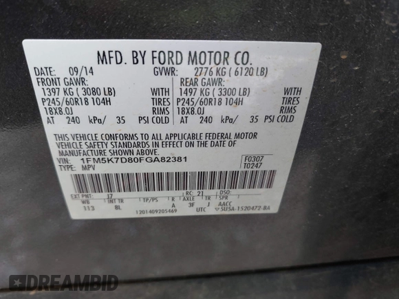2015 Ford Explorer XLT with VIN 1FM5K7D80FGA82381, listed as a IAAI auction lot 41889086 with Not Provided miles and . Bid and sale history available at DreamBid. Image 9.