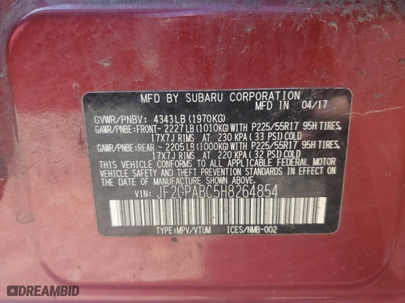 2017 Subaru Crosstrek Premium with VIN JF2GPABC5H8264854, listed as a Copart auction lot 62793664 with 120,999 mi miles and Salvage Title. Bid and sale history available at carsss.com. Image 16.