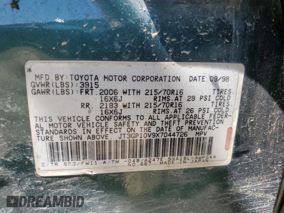 1999 Toyota RAV4 with VIN JT3GP10V9X7044726, listed as a Copart auction lot 55180935 with 196,509 mi miles and Salvage Title. Bid and sale history available at DreamBid. Image 13.