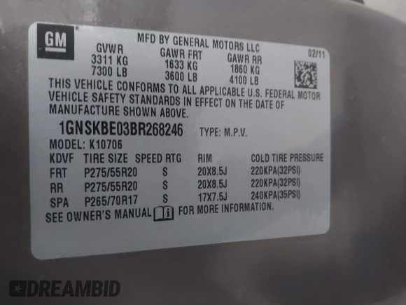 2011 Chevrolet Tahoe LT with VIN 1GNSKBE03BR268246, listed as a IAAI auction lot 41434862 with 250,991 mi miles and . Bid and sale history available at DreamBid. Image 9.