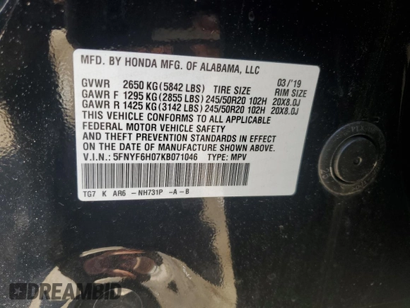 2019 Honda Pilot Elite with VIN 5FNYF6H07KB071046, listed as a Copart auction lot 57673515 with 62,835 mi miles and Salvage title. Bid and sale history available at DreamBid. Image 13.