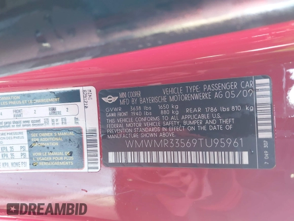 2009 MINI Convertible with VIN WMWMR33569TU95961, listed as a IAAI auction lot 41689845 with 107,934 mi miles and . Bid and sale history available at DreamBid. Image 9.