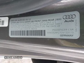 2012 Audi A7 Prestige с VIN WAU2GAFC7CN122113, выставлен на аукционе IAAI как лот 42111441 с пробегом 149 617 миль миль и . История ставок и продаж доступна на DreamBid. Изображение 9.