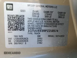 2023 GMC Sierra 1500 AT4 with VIN 1GTUUEE89PZ218574, listed as a Copart auction lot 55883305 with 34,239 mi miles and Salvage title. Bid and sale history available at DreamBid. Image 12.