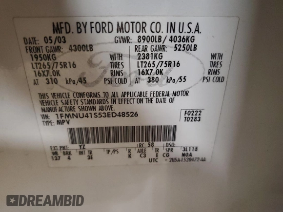 2003 Ford Excursion XLT with VIN 1FMNU41S53ED48526, listed as a Copart auction lot 41813965 with 190,952 mi miles and Salvage title. Bid and sale history available at DreamBid. Image 13.